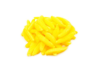 Juicy colorful jelly banana sweets isolated on white. Gummy candies.