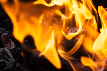 Burning process, open fire, flame, hot coals, glowing sparks