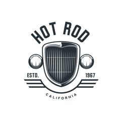 Hot rod emblem, logo, banner. Vintage t-shirt print