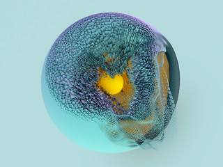 Abstract background with sphere and glowing core. 3D