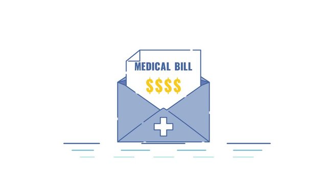 Receiving huge medical bill for treatment. Seamless looped cartoon animation.Motion graphics of envelope with a payment receipt form for health care expenses. Invoice sent by the hospital.