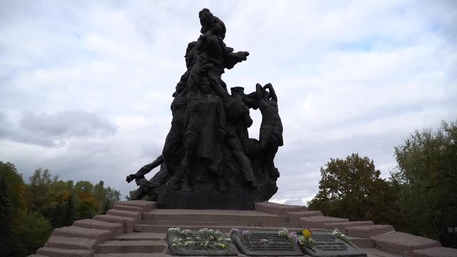 Monument to Victims of Nazism. Babi Yar memorial park in Kyiv. Gimbal shot.