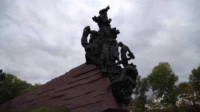 Monument to Victims of Nazism. Babi Yar memorial park in Kyiv. Gimbal shot.