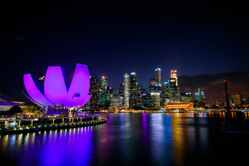SINGAPORE - february 13, 2019: Singapore Night Cityscape buildings in Marina Bay area Singapore