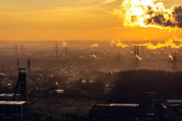 Dortmund, Germany 27.5.2019 Shaft tower of the hard coal mine Zeche in with a red sky Background.