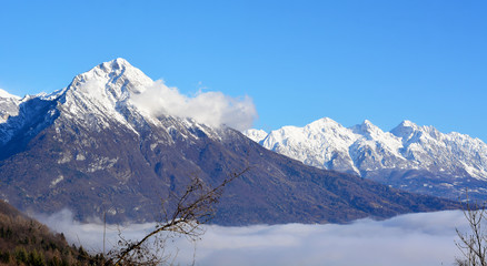 La prima neve sul monte Schiara a Belluno,Italia