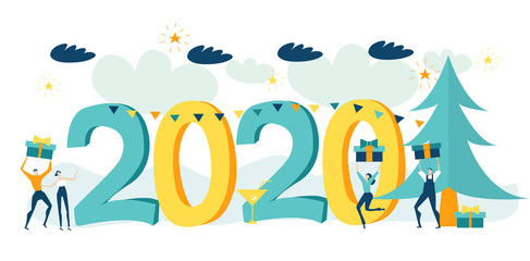 Little business people working around 2020 New year sign and Christmas tree. Arranging celebration, caring gifts and presents