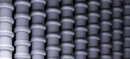 Architectural advertising poster. Sewer pipes - infrastructure. Colonnade on a black dark background. Empty space for text. Architectural background - 3d render illustration.