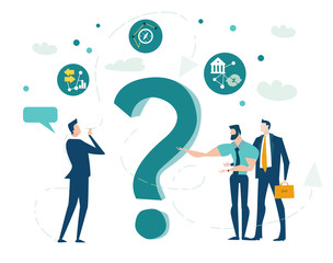 Question time. Business people discussing, thinking and try to find a solution. Business concept information. 