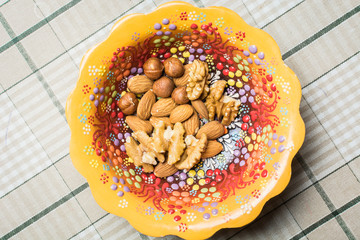 Mixture of different nuts in beautiful bowl.