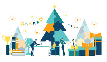 Business people working in office,  decorate Christmas tree, prepare gifts and arranging celebration of the New year. Happy Little people busy around the Christmas tree
