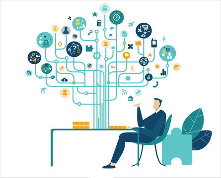 Thinking businessman. Business tree of success made of communication icons at the background 