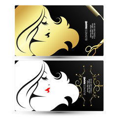 Girl profile golden business card for beauty salon and hairdresser