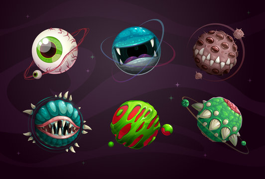 Evil Planet Concept. Scary Monster Planets Set. Fantasy Cosmic Assets For Game Design.