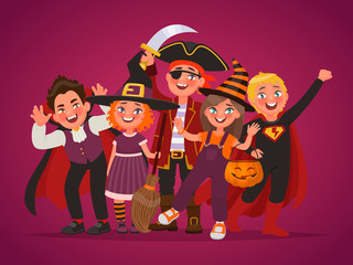 Group of happy kids dressed up for Halloween costumes. Trick or treat. Element for poster design
