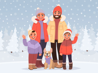 Happy family on a background of a winter snowy landscape. Parents and children on outdoor