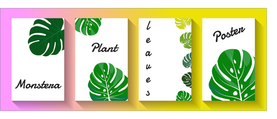 Poster designs with Tropical Leaves of Monstera (Philodendron) silhouettes. Vector botanical illustrations, floral tropical palm leaves elements. 