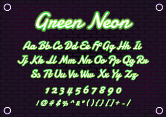 Neon green and yellow vector font light alphabet (uppercase and lowercase), multicolored glowing alphabet. Bright light neon letters, numbers and symbols. Night club letters on a dark brick wall.