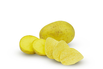 Potato slice and Potato ship isolated on white background with clipping path
