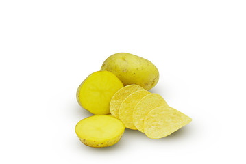 Potato slice and Potato ship isolated on white background with clipping path