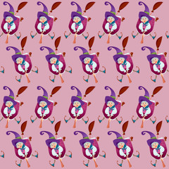 Befana. Old woman flying on a broomstick. Italian Christmas tradition. Seamless background pattern.