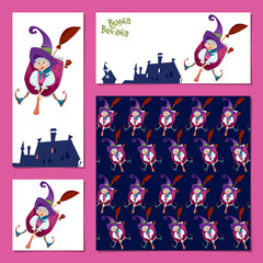 Set of 4 universal greeting cards with Befana. Old woman flying on a broomstick. Italian Christmas tradition.