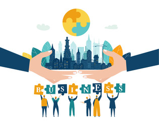 People building the city. City background with building cranes and team of working people holding puzzle pieces up. Business concept illustration. 