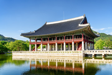 The main view of Gyeonghoeru Pavilion at Gyeongbokgung Palace