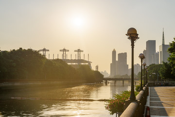 Scenic view of embankment of the Pearl River at sunset