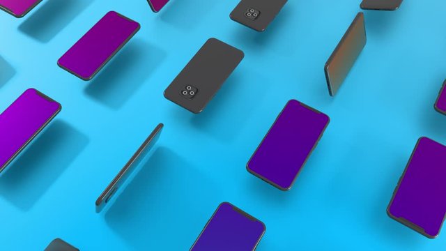 3D computer render of many smartphones rotating on Blue background surface. 4k animation.