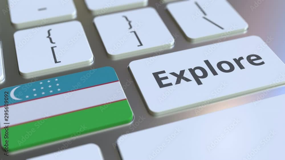 Poster explore word and national flag of uzbekistan on the buttons of the keyboard. 3d animation