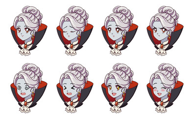 Halloween cute vampire girl with eight different face expression. Blondie girl wearing black cloak. Retro 90s anime style hand draw vector illustration. Isolated on white background.