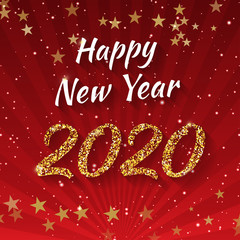 Fototapeta na wymiar Happy New Year 2020 - glitter vector typography lettering against gradient red background. Shiny golden font illustration for winter holidays for invitation or greeting/wishes card or sent online.