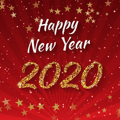 Happy New Year 2020 - glitter vector typography lettering against gradient red  background. Shiny golden font illustration for winter holidays for invitation or greeting/wishes card or sent online.