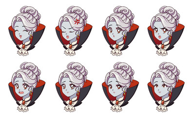 Halloween cute vampire girl with eight different face expression. Blondie girl wearing black cloak. Retro 90s anime style hand draw vector illustration. Isolated on white background.