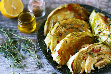 Selective focus. Macro. Grilled cabbage slices with aromatic herbs.