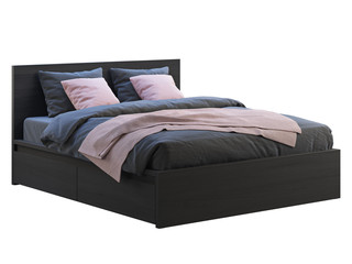 Black wooden double bed with storage boxes and pink accents. 3d render