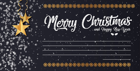 Merry Christmas - vector premium trending luxury font agains black brick wall background. Golden banner design for New year's eve card with wishes. Luxury royal font with realistic gold texture.