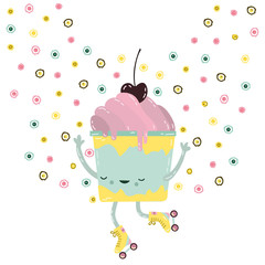 Vector colorful illustration of character ice cream with hands . Funny ice cream dancing on rollers. Flat style hand drawn line art ice cream design of poster.