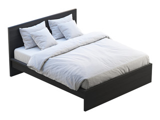Fototapeta na wymiar Black wooden double bed with white linen. 3d render