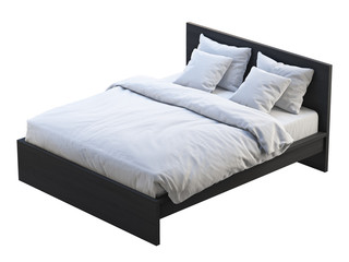 Black wooden double bed with white linen. 3d render
