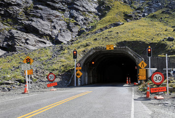 Entrance to the Homer Tunnel in New Zealand's Fiordland National Park on the road to Milford Sound.