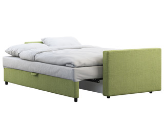 Fototapeta premium Modern black leather sofa-bed with bed linen and plaid. 3d render