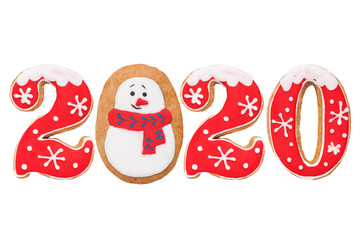 Number 2020, New Year gingerbread, red icing, isolated on white background