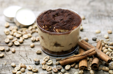 Tiramisu sweet cream with coffee and cinnamon decoration 