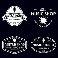Obraz premium Set of vintage logo, badge, emblem for music shop, guitar shop. Music icons for audio store, branding or poster.