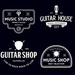 Set of vintage logo, badge, emblem for music shop, guitar shop. Music icons for audio store, branding or poster.