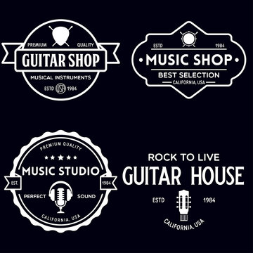 Set of vintage logo, badge, emblem for music shop, guitar shop. Music icons for audio store, branding or poster.