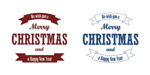 Christmas red blue text, ribbon set. Merry Christmas and Happy New Year wishes isolated white background. Design banner, label, holiday message, postcard. Retro vintage decoration. Vector illustration