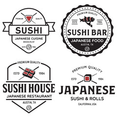 Obraz premium Sushi shop labels and badges design templates set vector, japanese food logos design.